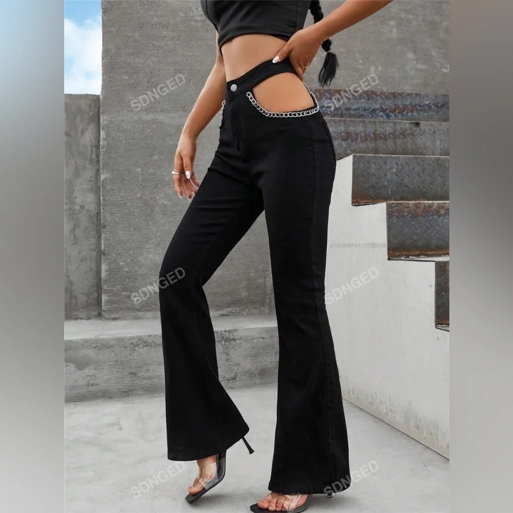 NWT women’s jeans cut out chain flare dark edgy steampunk festival‎ black